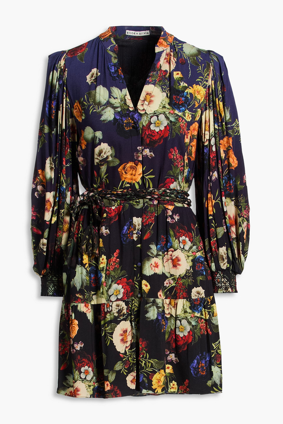 Alice And Olivia Antonette Long Sleeve Button Front Mini Dress In Magic Garden Gradient In Blue