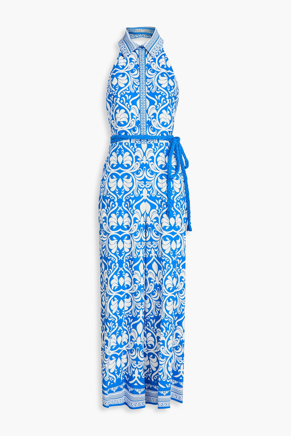 alice olivia - alara printed linen-blend wide-leg jumpsuit - blue - us 0