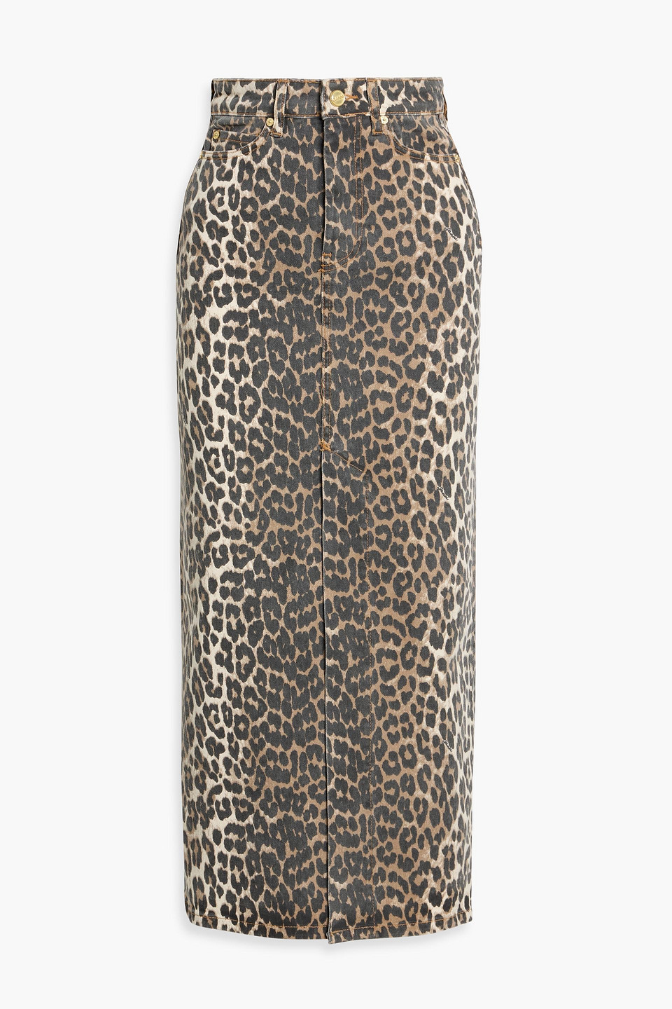 ganni - leopard-print denim midi skirt - animal print - eu 32