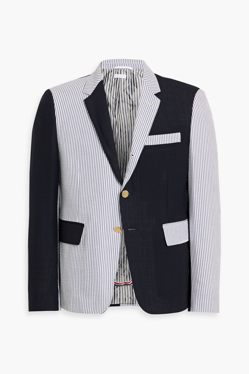 thom browne - striped seersucker-paneled cotton-twill blazer - blue - 2