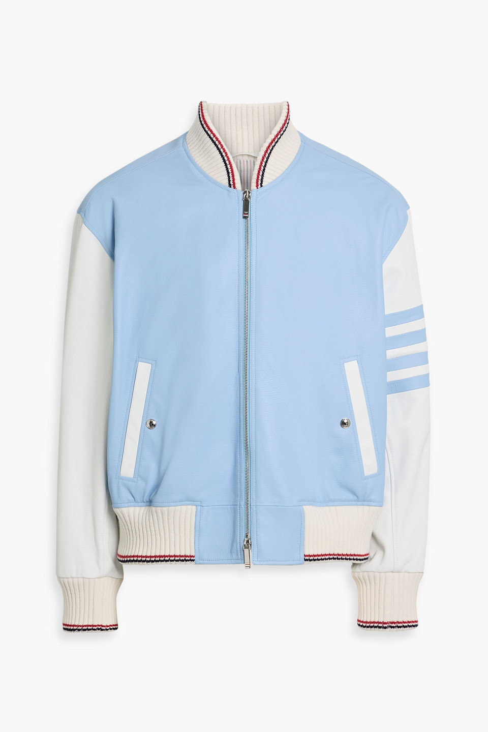 Thom Browne Two-tone Striped Leather Bomber Jacket In Blue