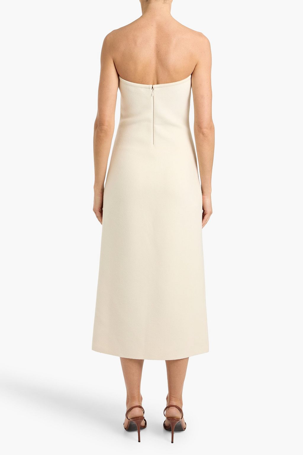 beige strapless midi dress PODYH GONT BEIGE STRAPLESS A-LINE MIDI DRESS