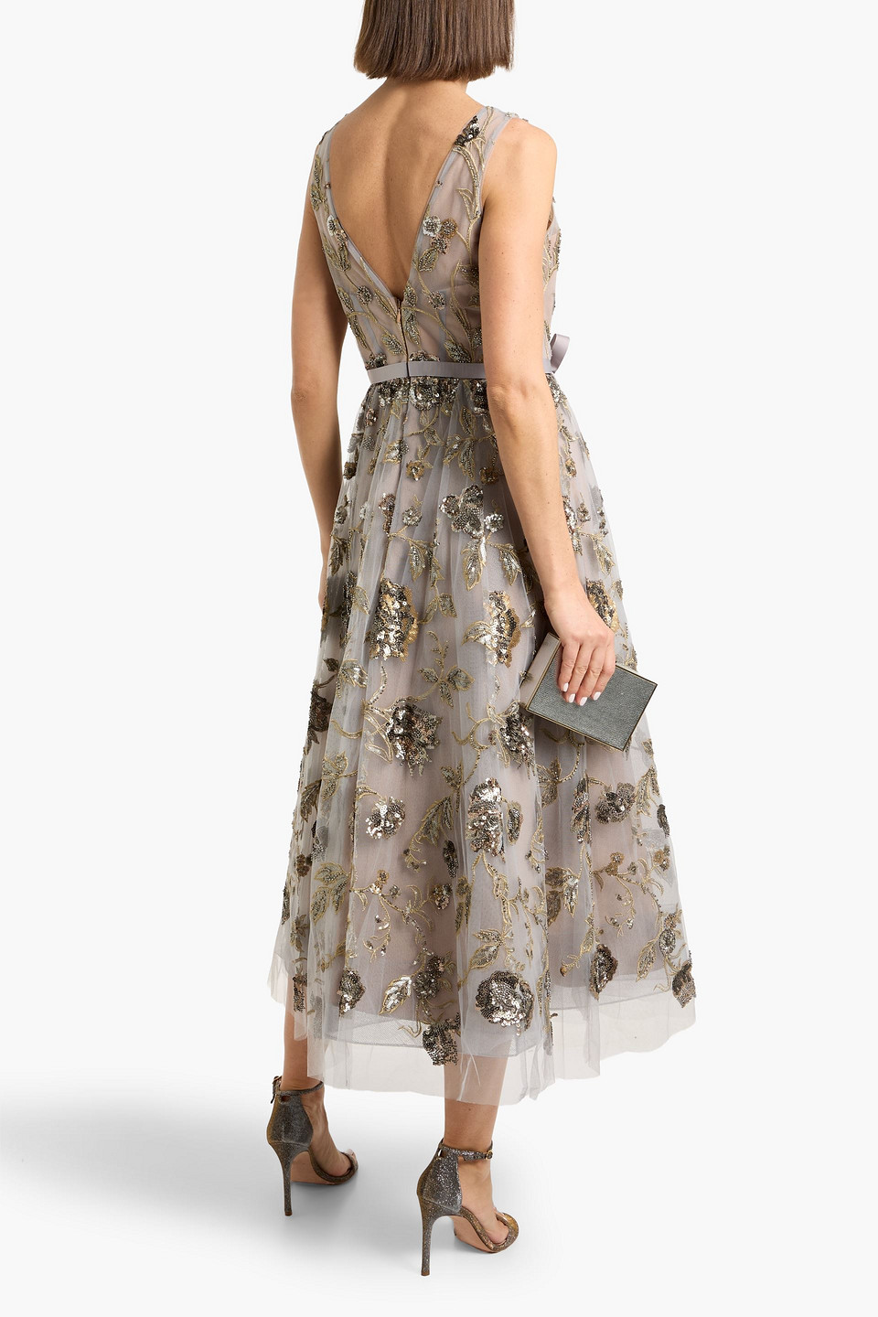 Marchesa Notte - Embellished Tulle Midi Dress - Gray - Us 0 