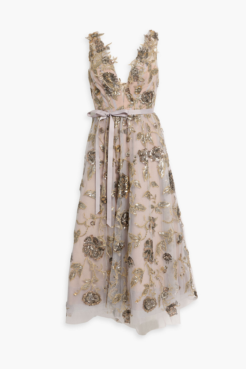 Marchesa Notte Embellished Tulle Midi Dress In Neutral