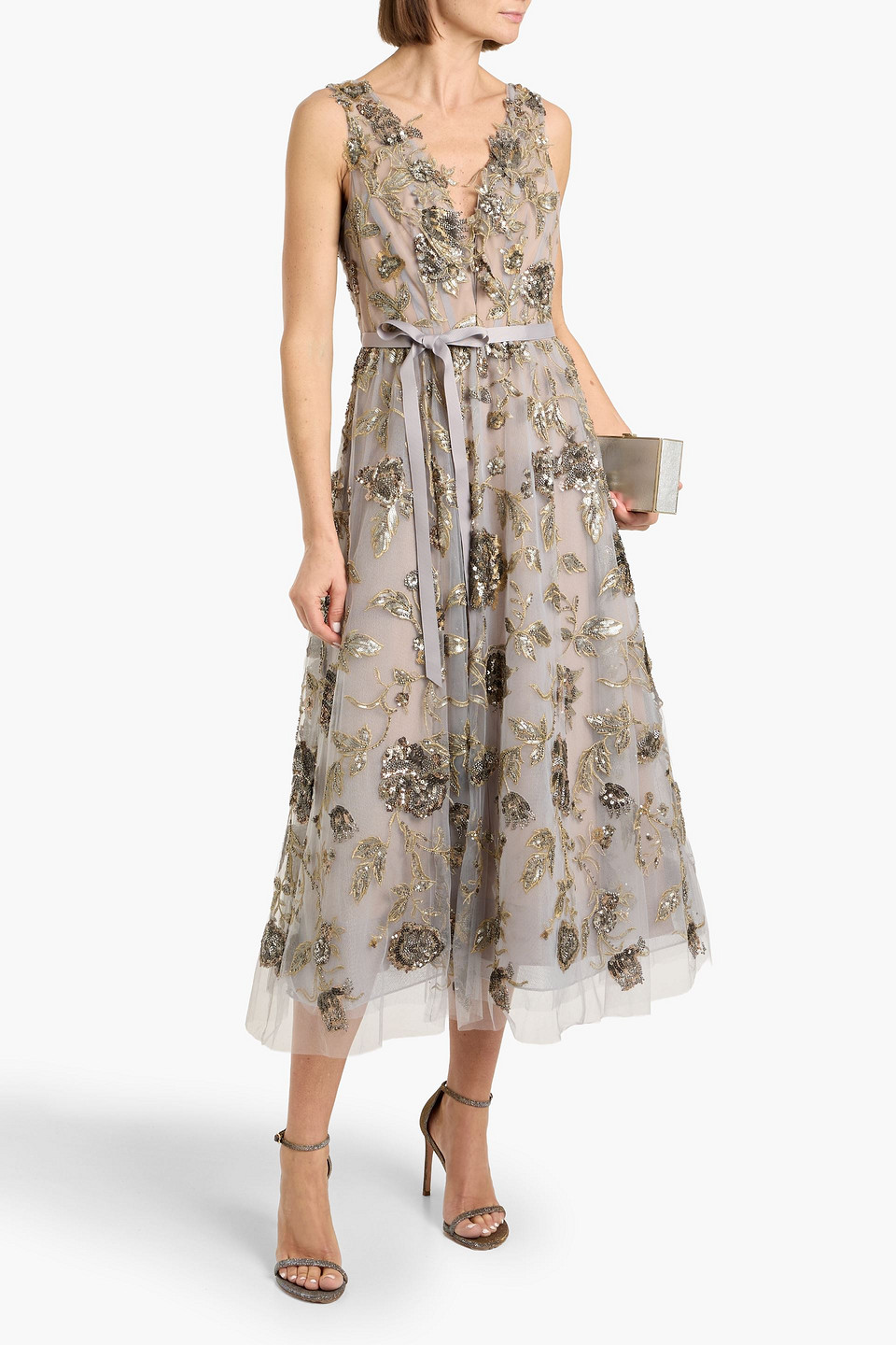  Marchesa Notte - Embellished Tulle Midi Dress - Gray - Us 0 