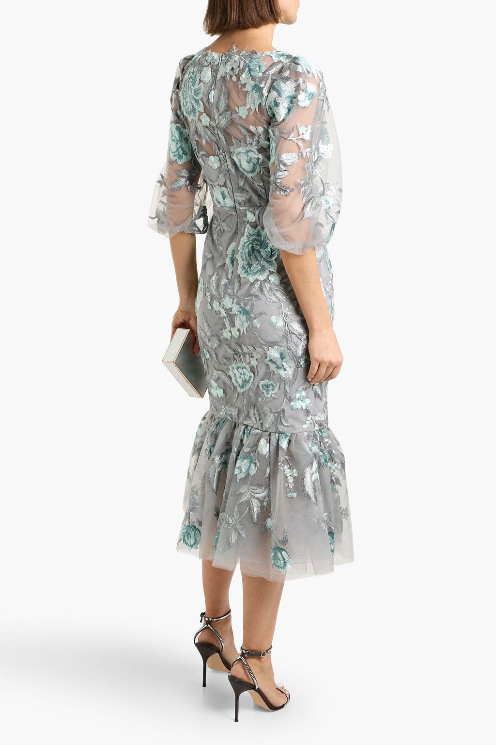 marchesa notte floral appliqud embroidered tulle midi dress MARCHESA NOTTE - Floral-appliqud embroidered tulle midi dress