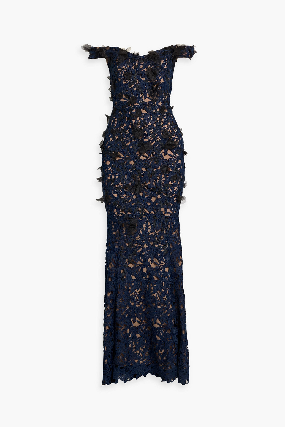Marchesa Notte Off-the-shoulder Guipure Lace Gown In Blue