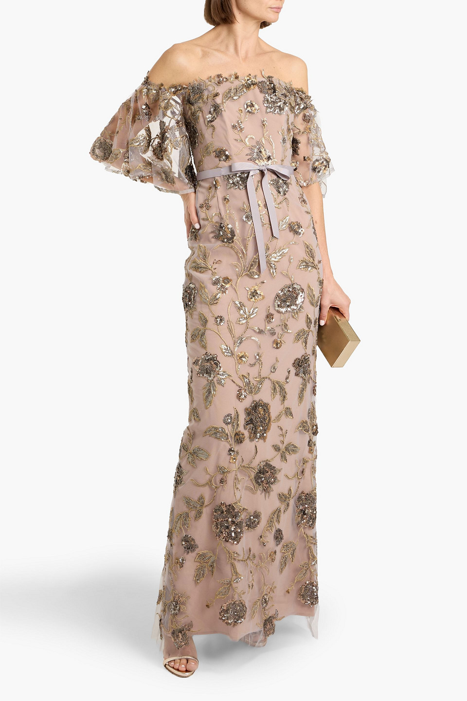  Marchesa Notte - Off-the-shoulder Embellished Tulle Gown - Gray - Us 6 