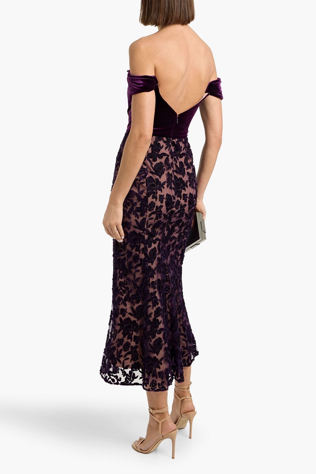 MARCHESA NOTTE Off-the-shoulder devor-velvet midi dress | THE OUTNET