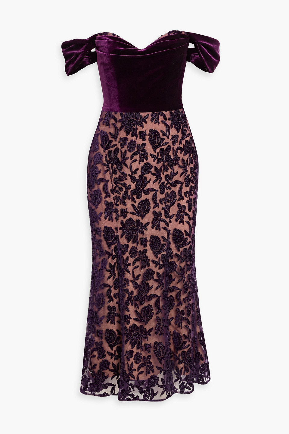 Marchesa Notte Off-the-shoulder Devoré-velvet Midi Dress In Purple