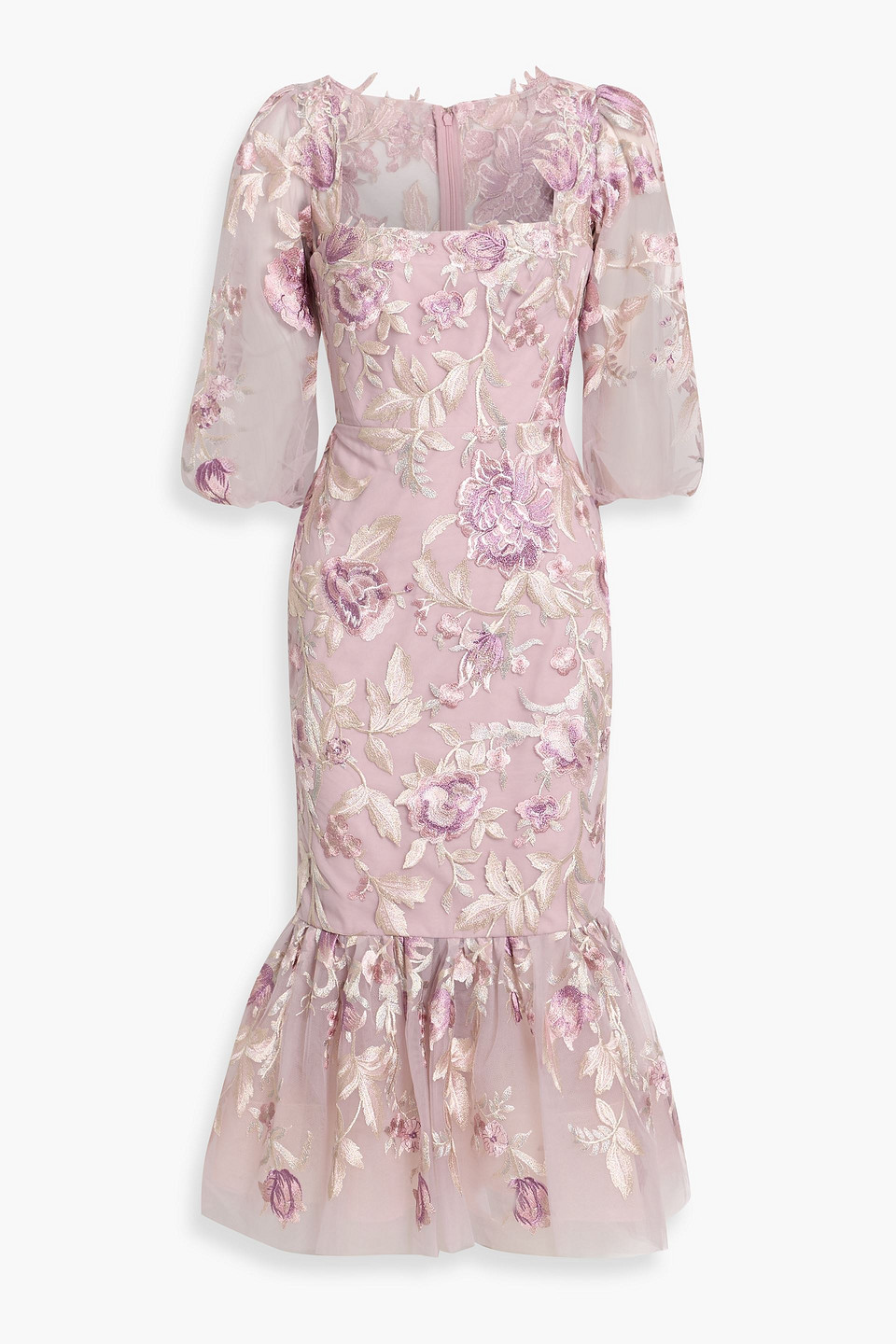 marchesa notte - embroidered tulle midi dress - purple - us 2
