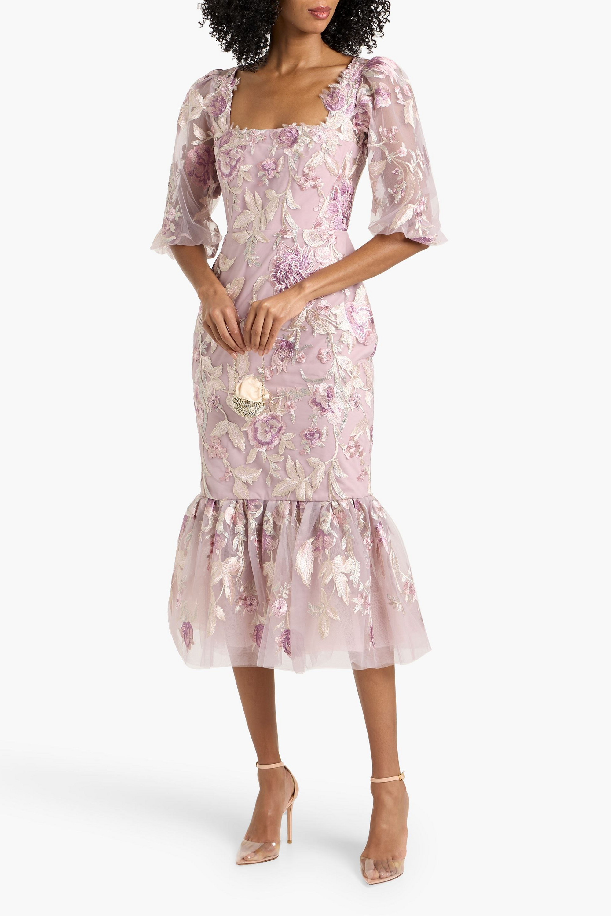 marchesa notte floral appliqud embroidered tulle midi dress Marchesa Floral Appliqu Midi Gown In Neutrals - 67% Off