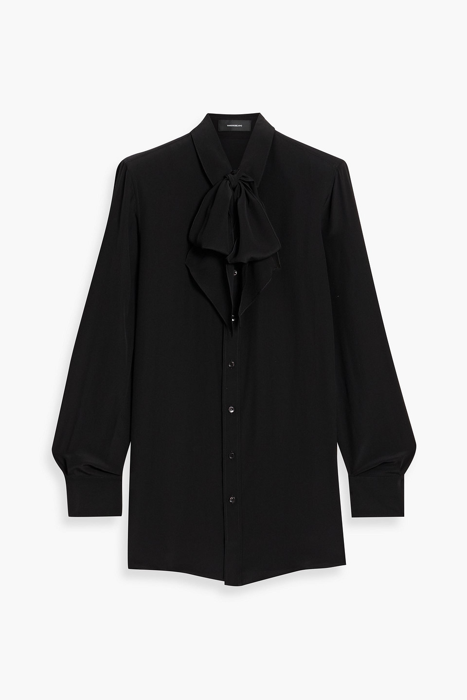 Wardrobe.nyc Pussy-bow Silk-crepe Mini Shirt Dress In Black