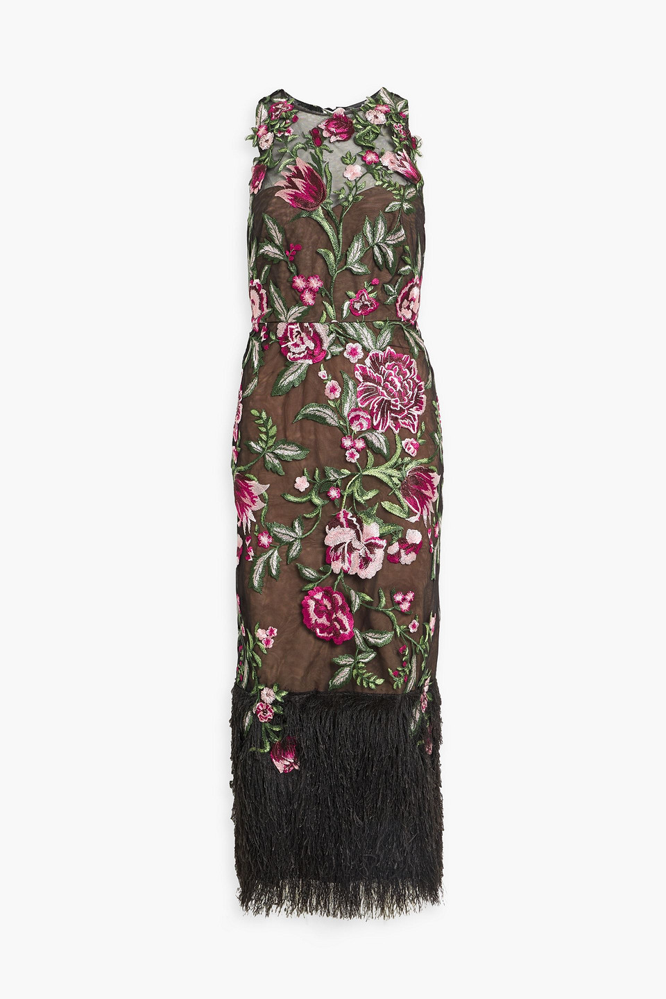 marchesa notte - fringed embroidered tulle midi dress - black - us 0