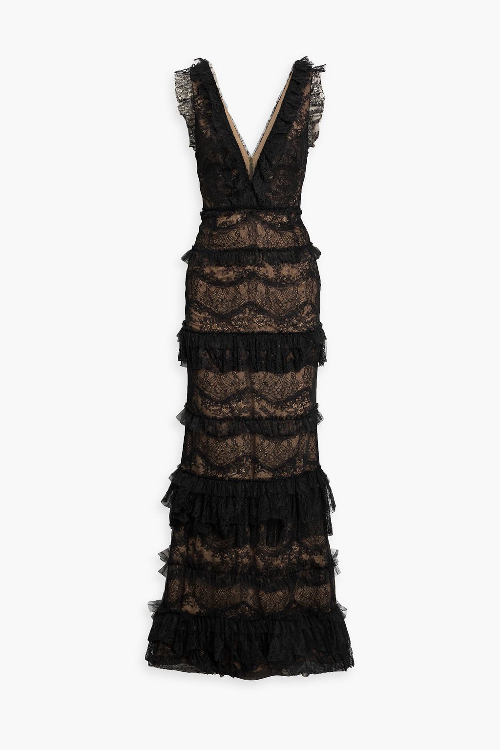Ruffled layered point d'esprit and corded lace gown - black - US 10