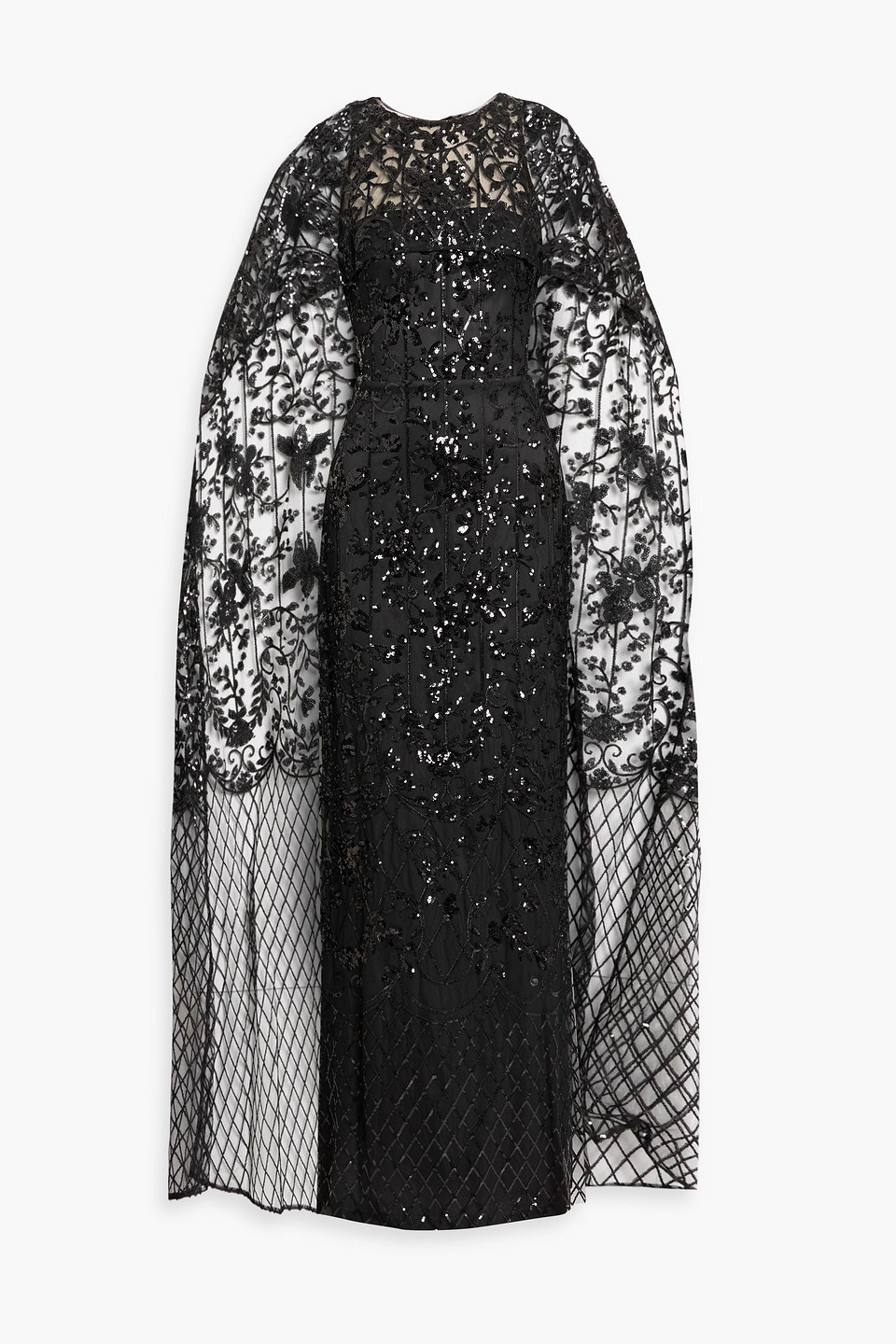 Marchesa Notte Cape-effect Sequined Tulle Gown In Black