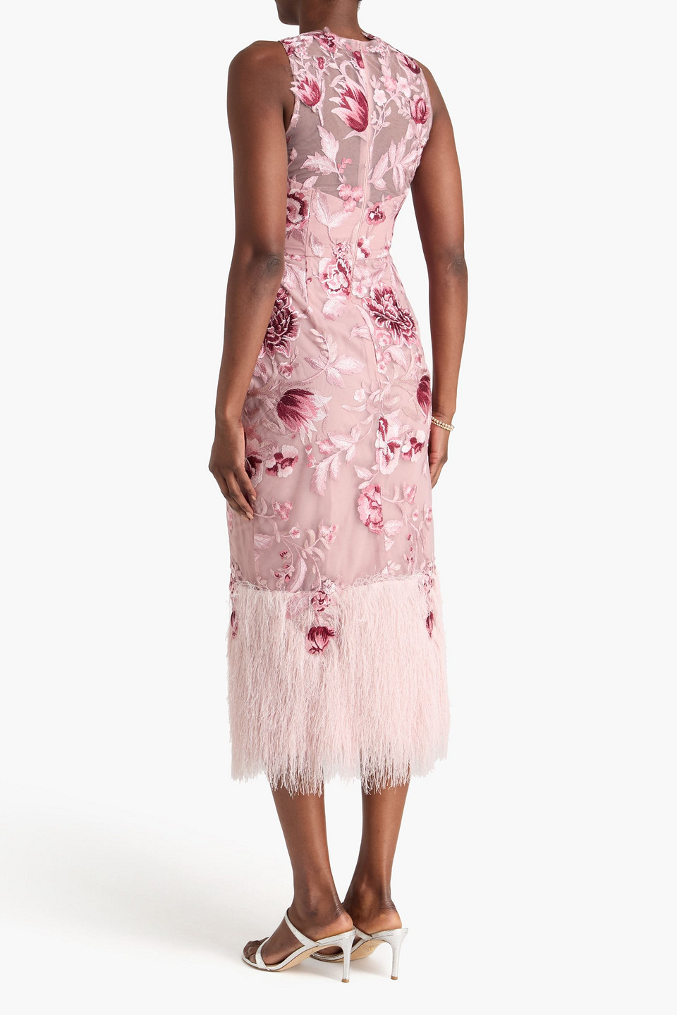  Marchesa Notte - Fringed Embroidered Tulle Midi Dress - Pink - Us 2 