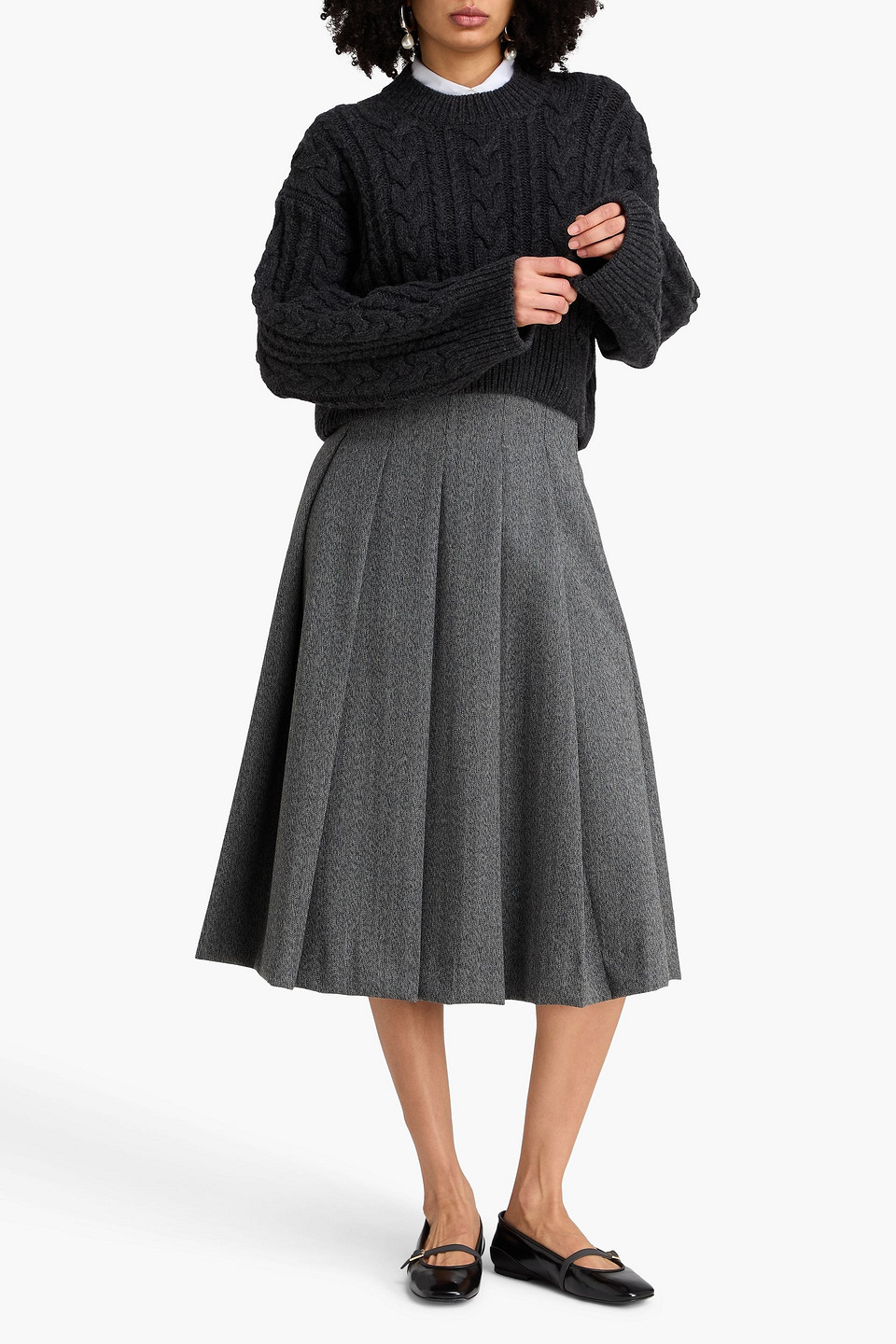  Cecilie Bahnsen - Cropped Pullover „vibeke“ Aus Merinowolle Mit Zopfstrickmuster - Grau - L 