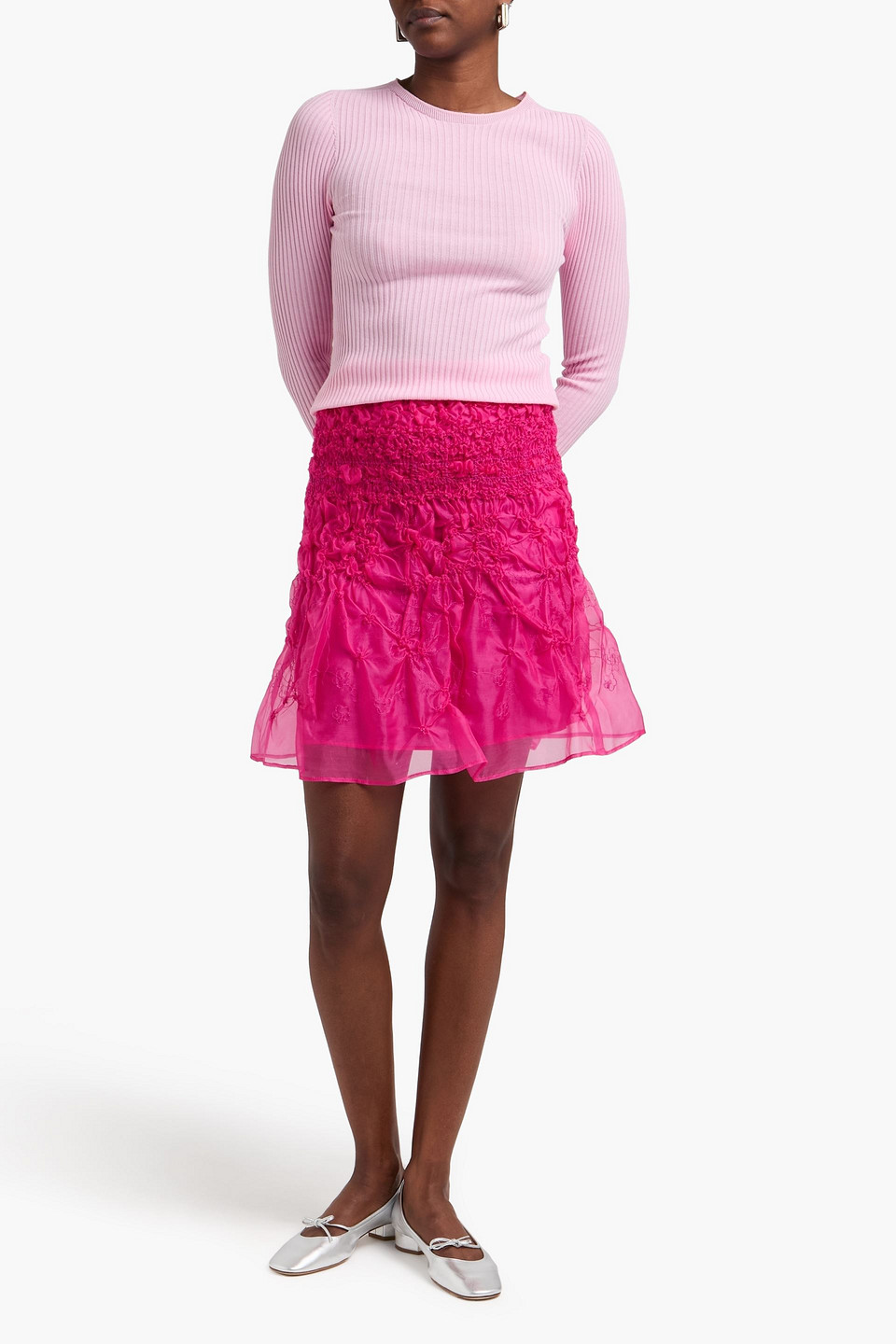 Cecilie Bahnsen - Geraffter Minirock „vida“ Aus Organza Aus Einer Seidenmischung Mit Stickereien - Pink - Uk 6 