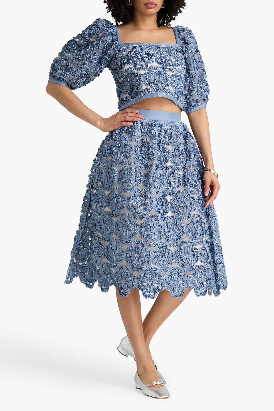  Maje - Cropped Embellished Organdie Blouse - Blue - 0 