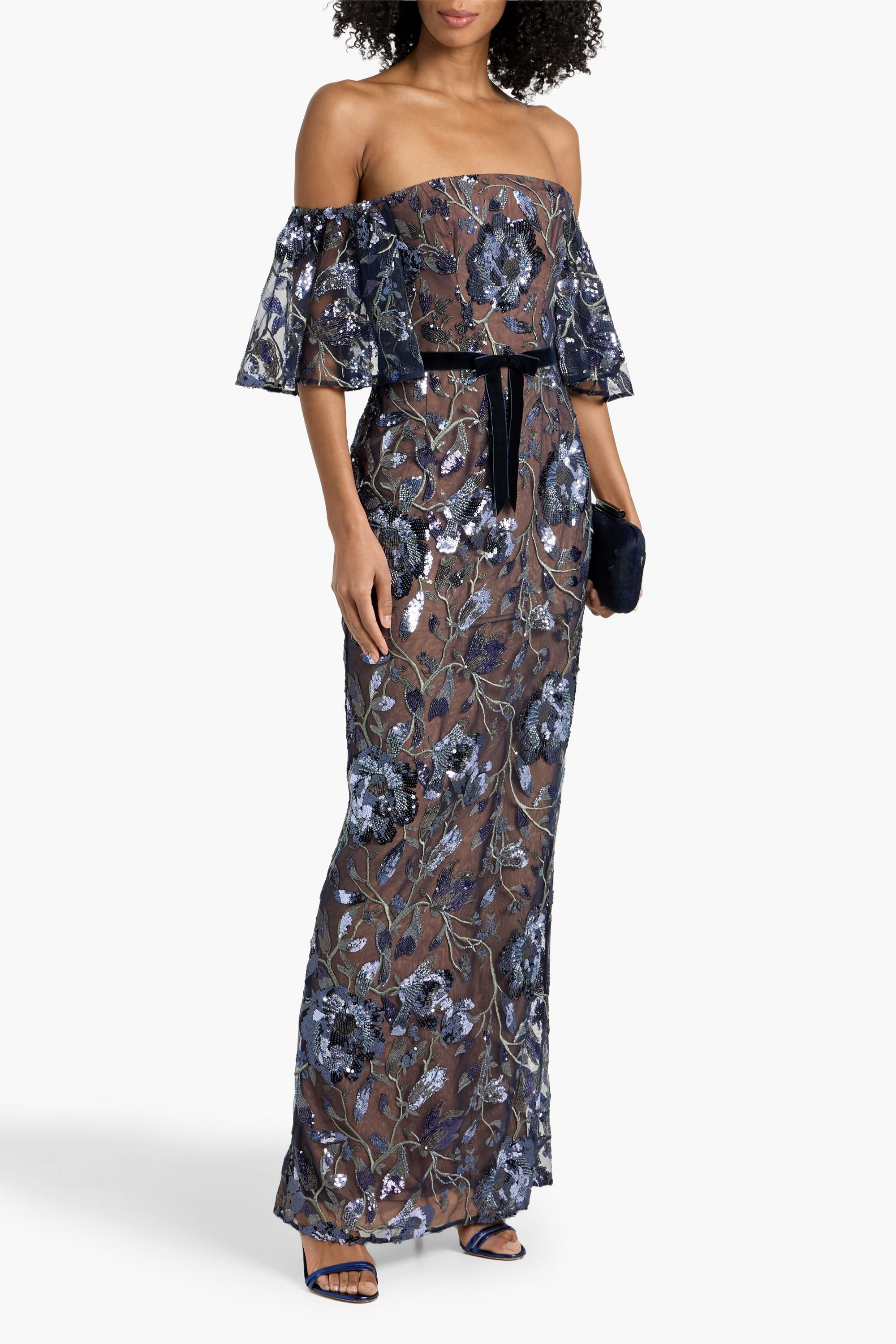 MARCHESA NOTTE Off-the-shoulder embellished tulle gown