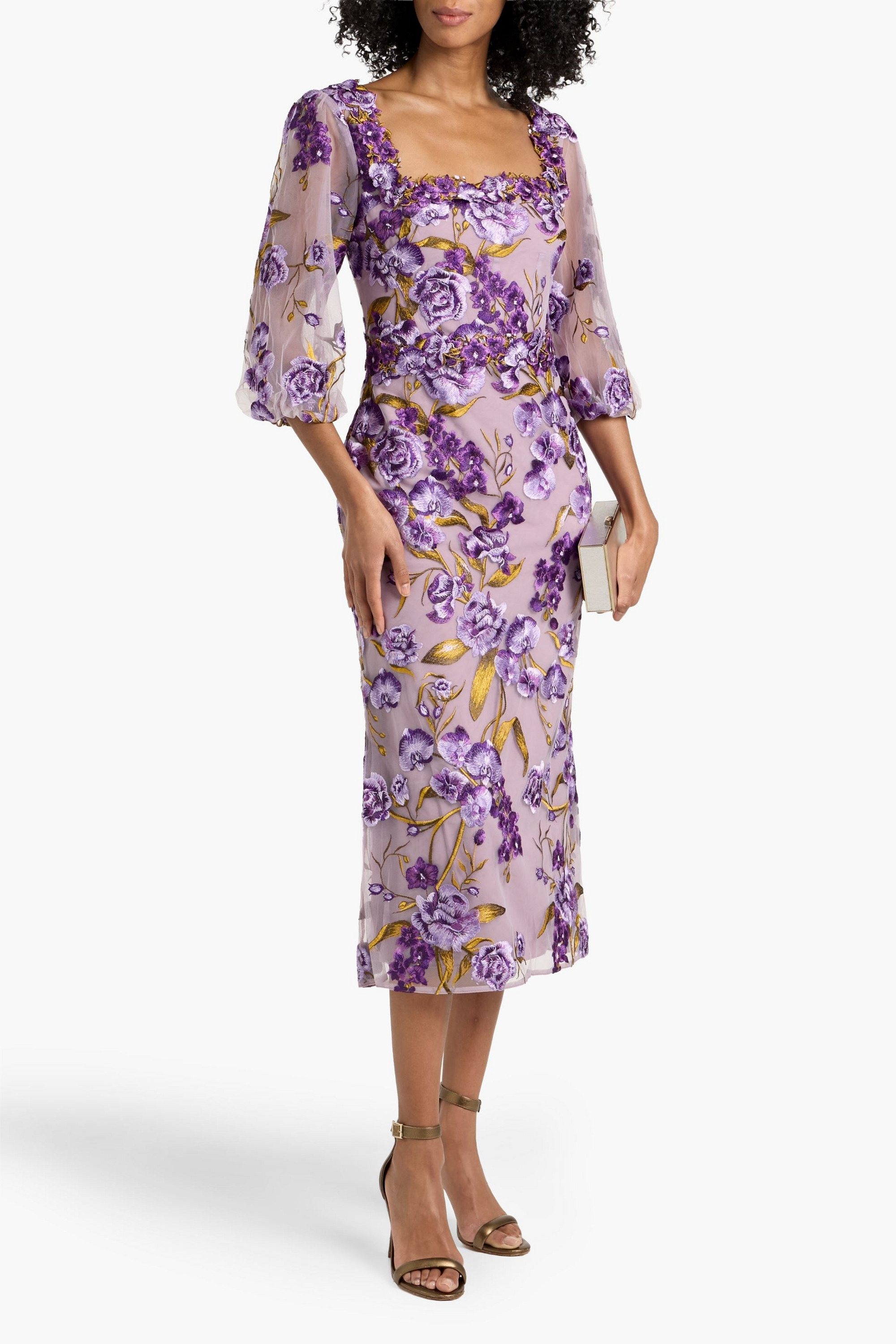MARCHESA NOTTE Embroidered tulle midi dress