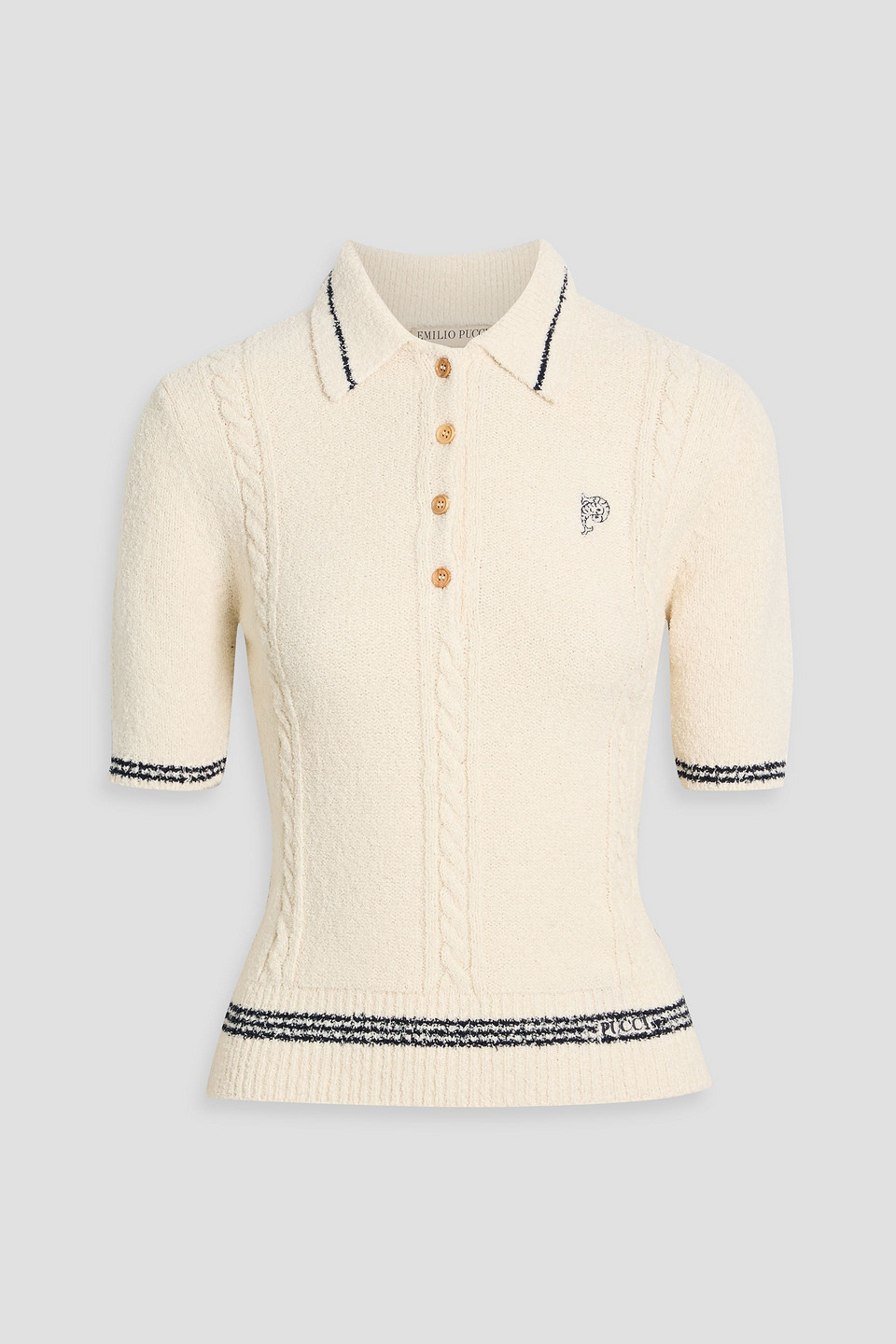 Pucci Striped Embroidered Cable-knit Cotton-blend Polo Shirt In Neutral