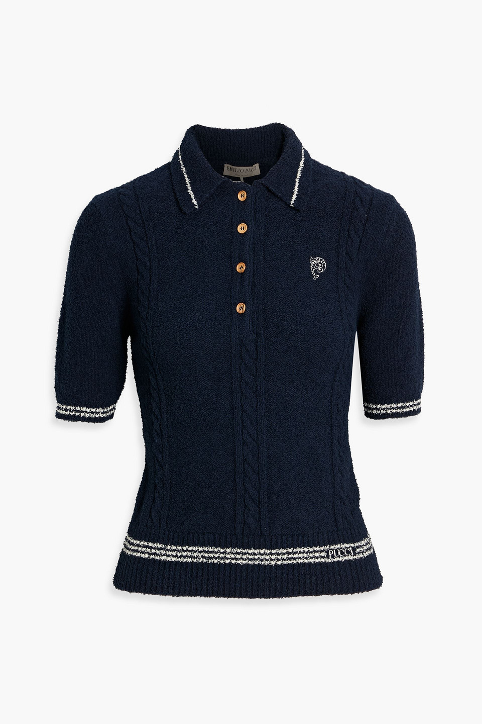 Pucci Striped Embroidered Cable-knit Cotton-blend Polo Shirt In Blue