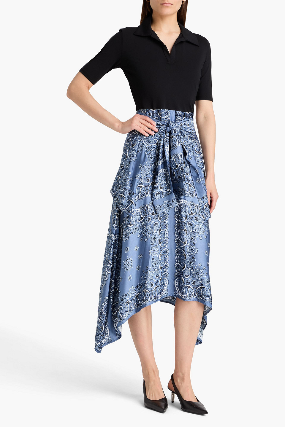  Maje - Midikleid Aus Stretch-baumwoll-jersey Und Glänzendem Twill Mit Paisley-print Und Drapierung - Blau - Fr 34 