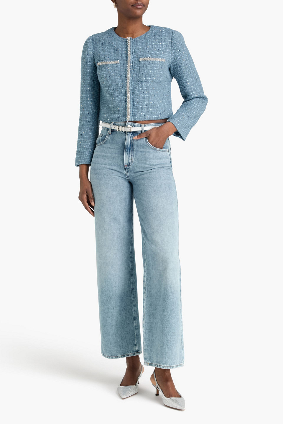  Maje - Cropped Jacke Aus Tweed Mit Verzierung - Blau - Fr 36 