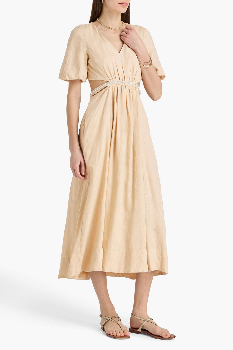  Maje - Midikleid Aus Leinen Mit Cut-outs Und Zierperlen - Neutral - Fr 34 