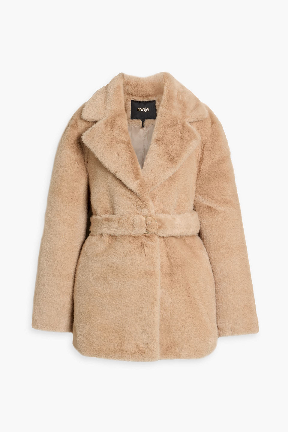 Maje Belted Plush Coat In Neutral