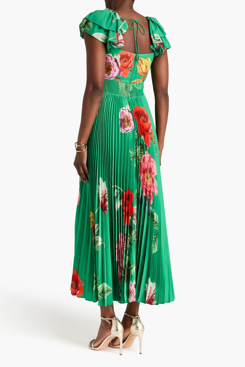 halia pleated midi dress Halia pleated floral-print satin maxi dress - green