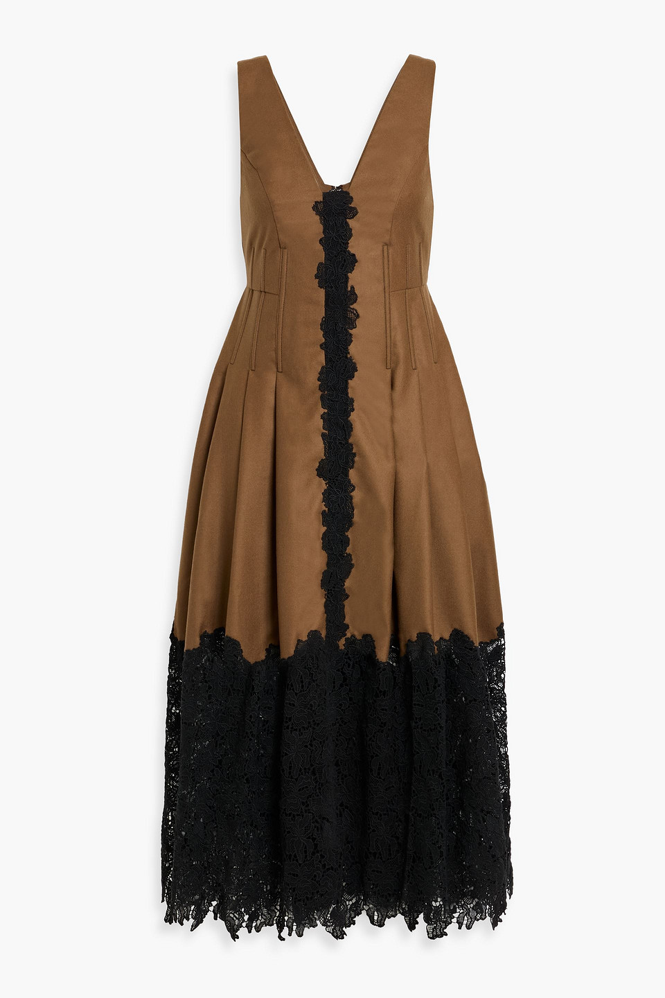 Kika Vargas Rosa Wool-twill And Guipure Lace Midi Dress In Brown