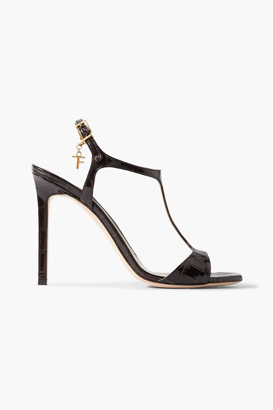 Tom Ford Angelina Embellished Croc-effect Leather Sandals In Brown