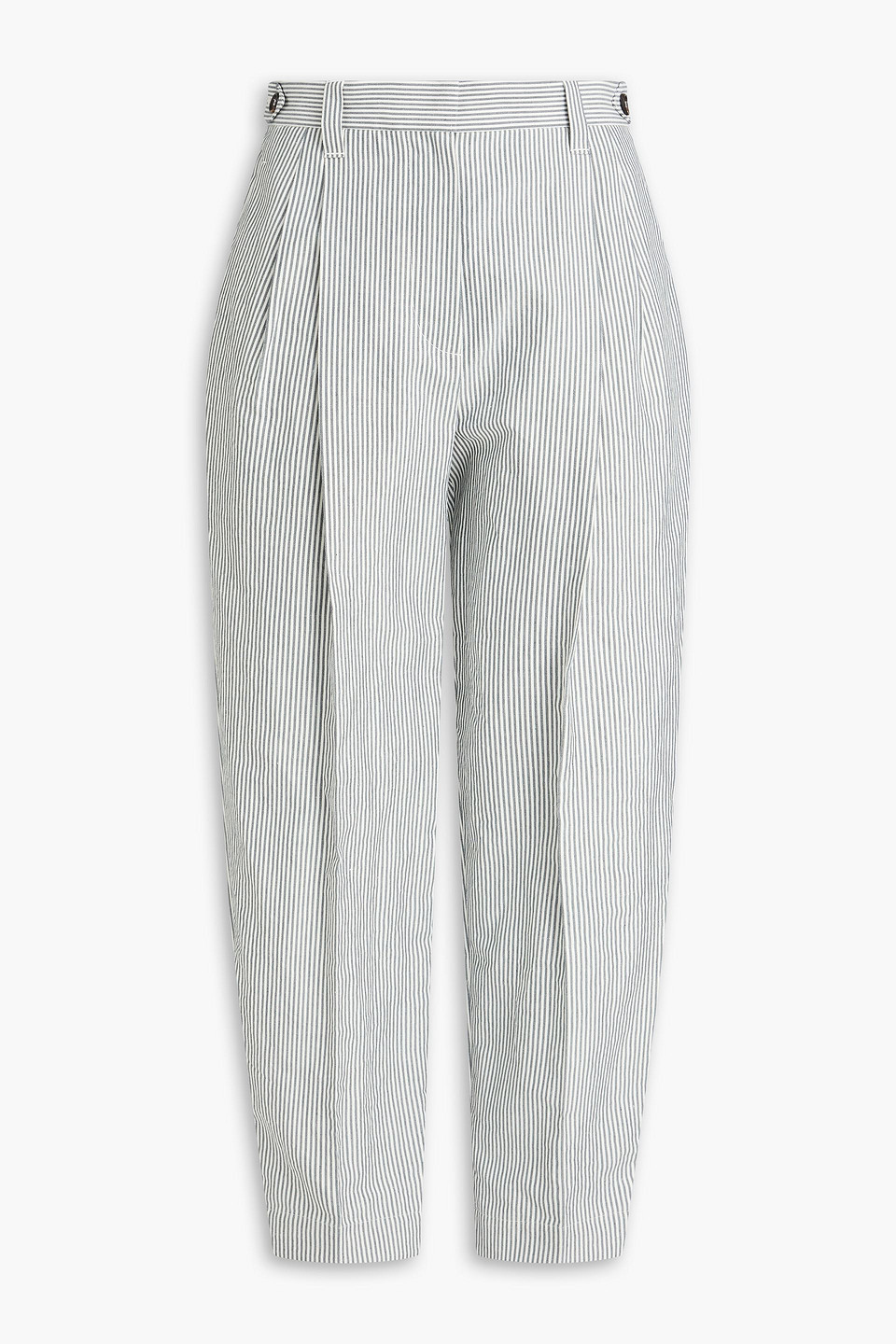 Brunello Cucinelli Striped Cotton And Linen-blend Tapered Pants In Gray