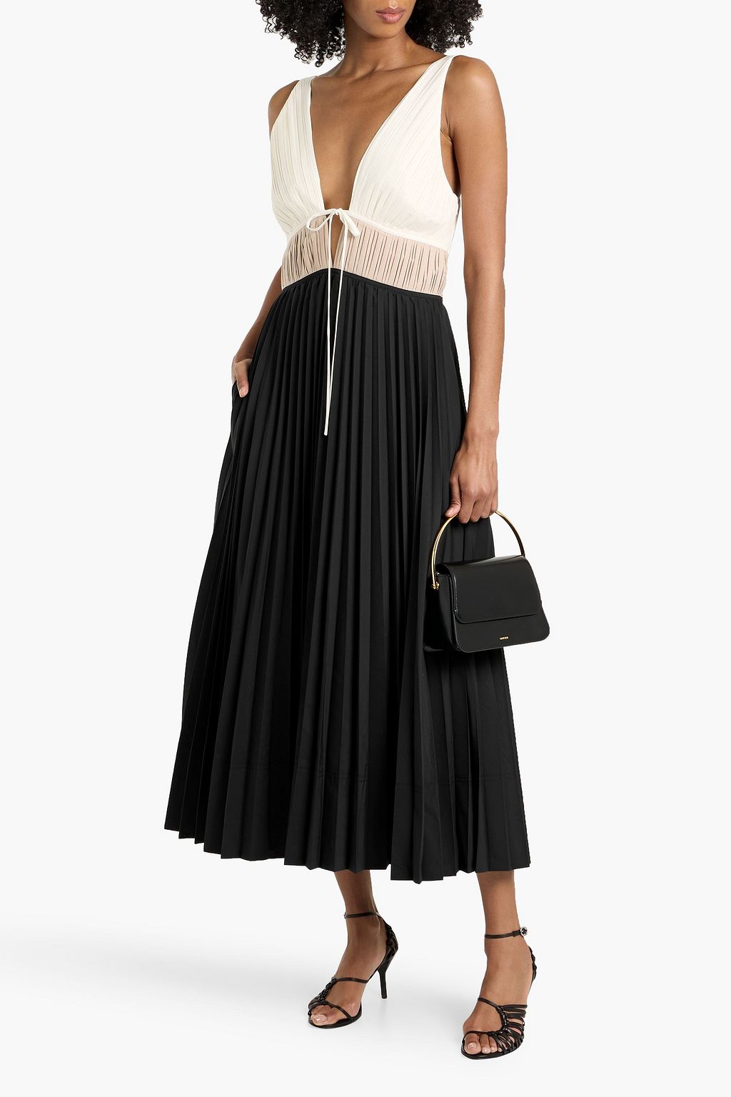 simkhai stephanie midi dress SIMKHAI Women's V-neck Stephanie Pleated Poplin Midi Dress in Black/Multi, Size 8