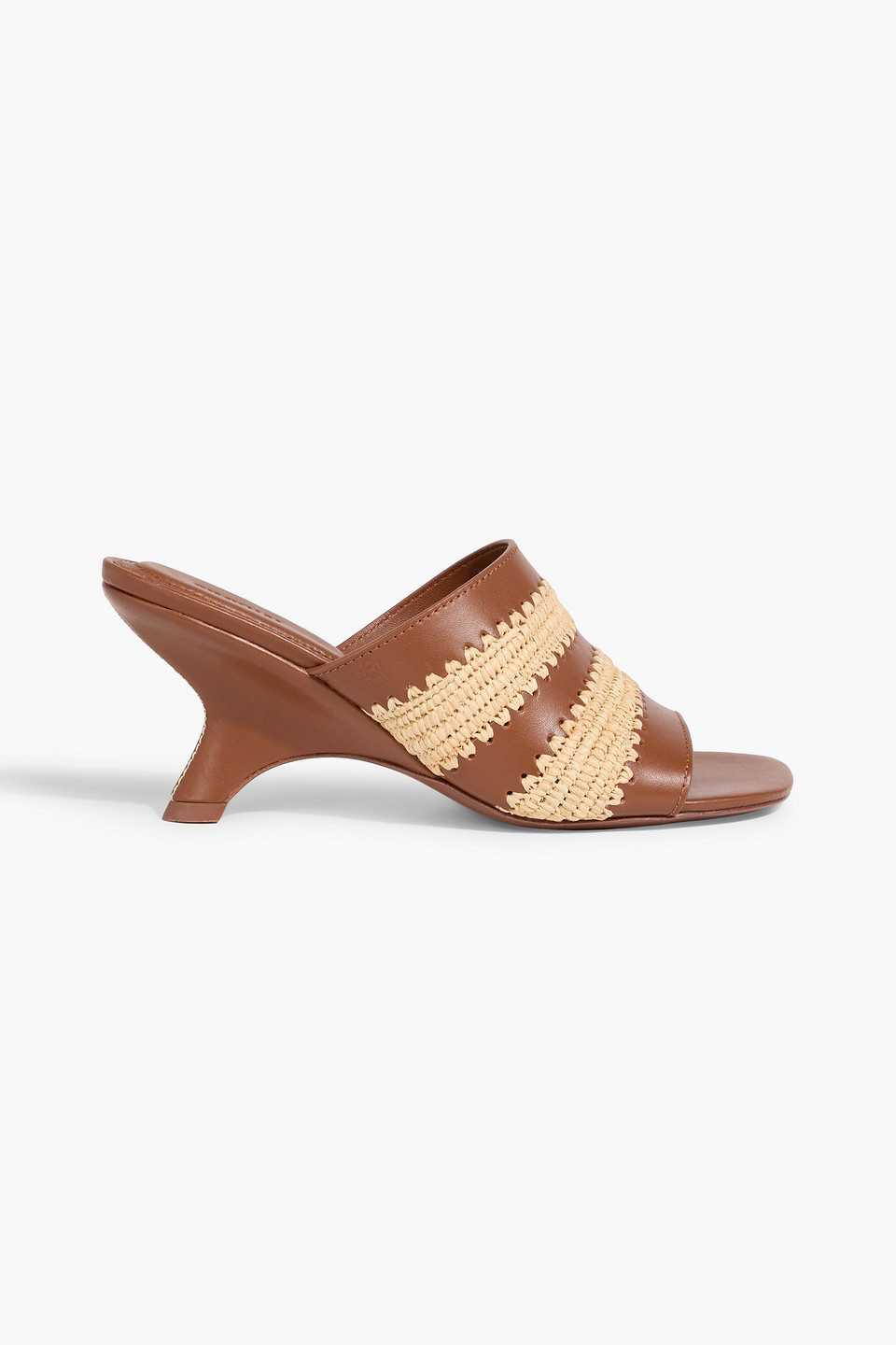 Simkhai Shadow Leather And Raffia Wedge Mules In Brown