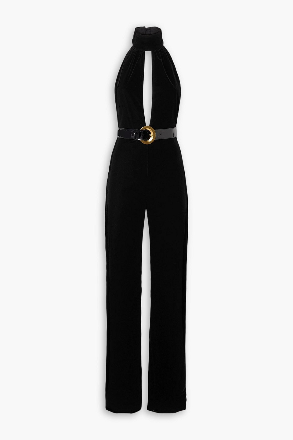 tom ford - belted cutout stretch-velvet halterneck jumpsuit - black - it 42