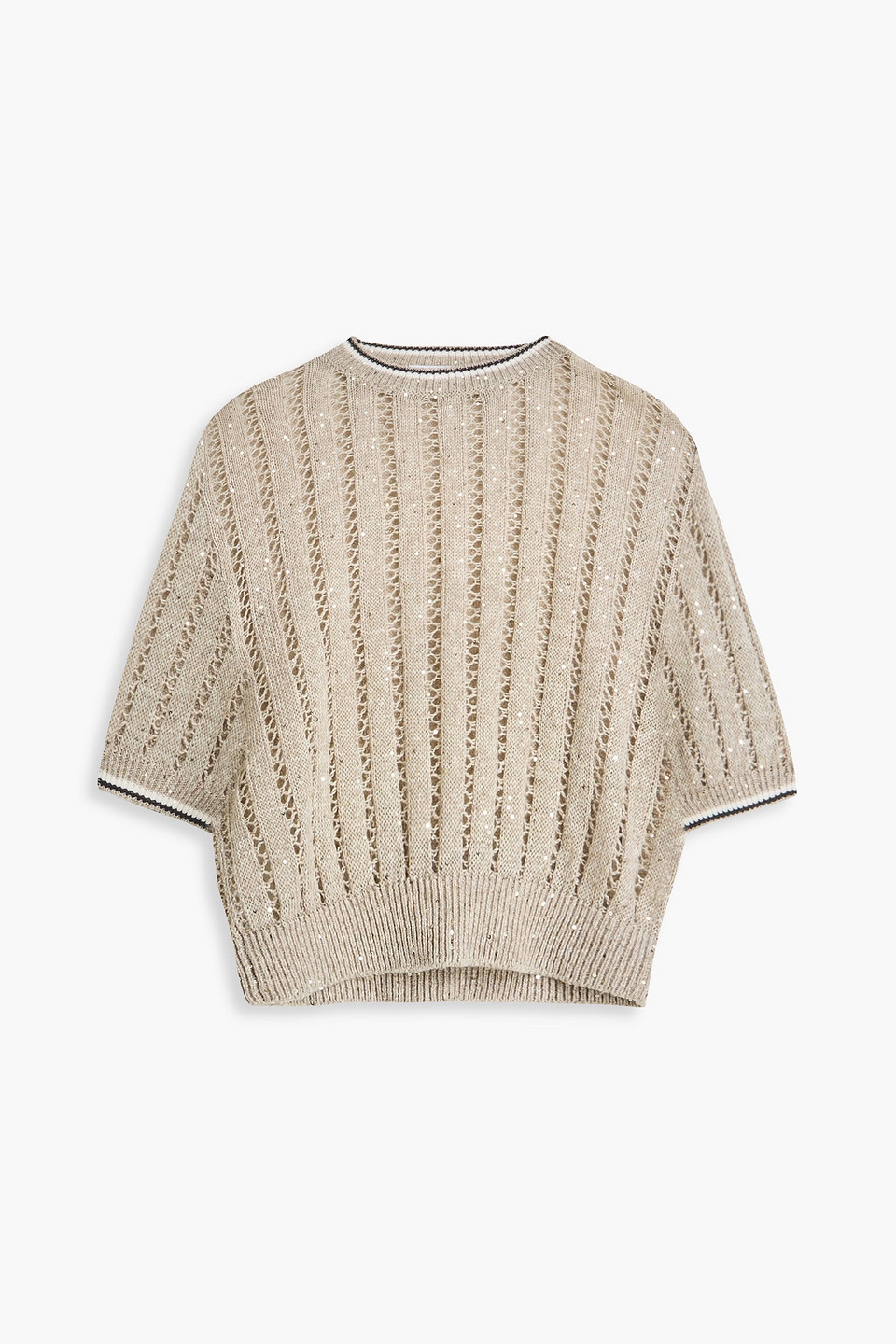 Brunello Cucinelli Sequin-embellished Open-knit Linen-blend Sweater In Gray