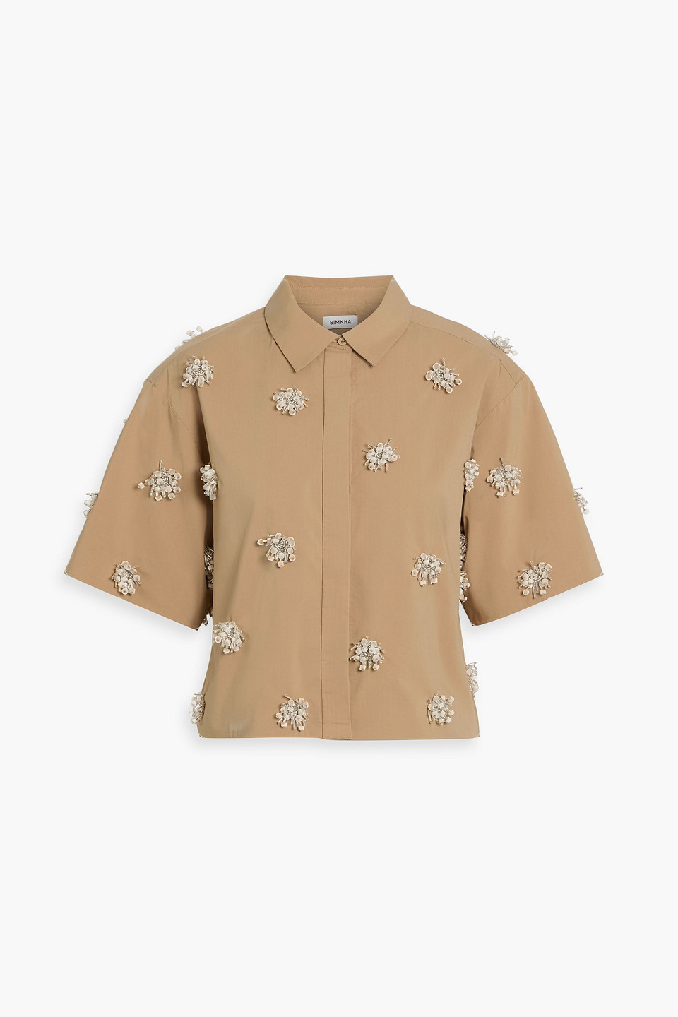 simkhai - cosmo cropped embellished cotton-blend poplin shirt - brown - l