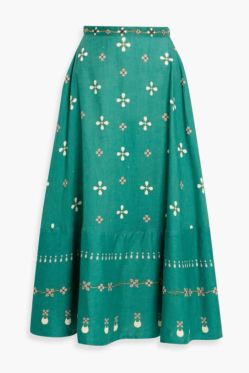agua by agua bendita - bel mar esmeralda printed linen midi skirt - green - l