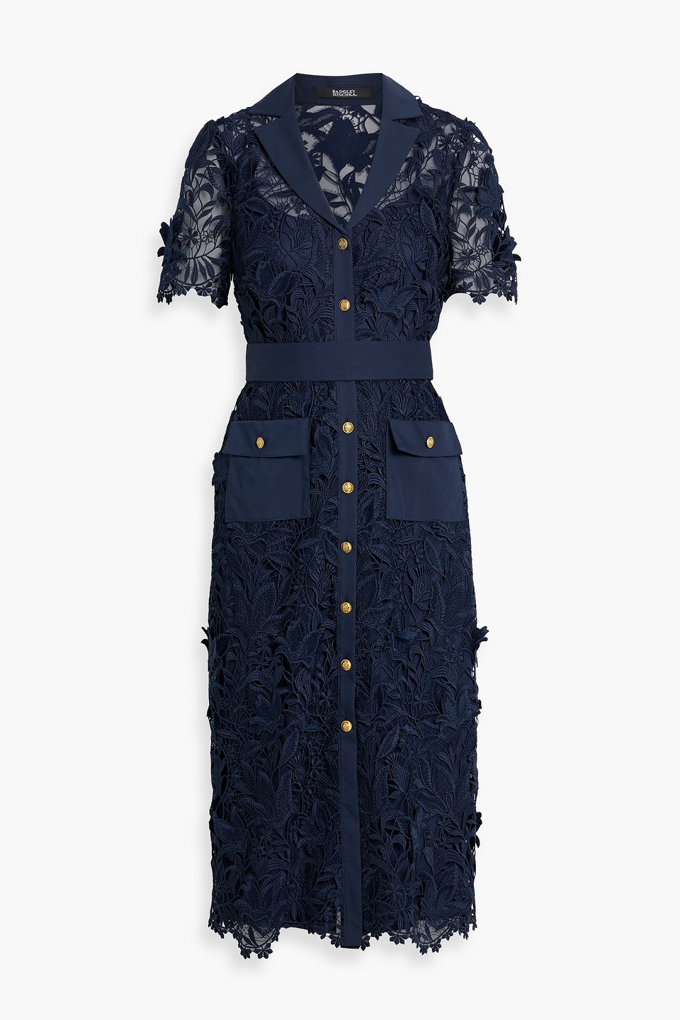 badgley mischka - guipure lace midi dress - blue - us 2