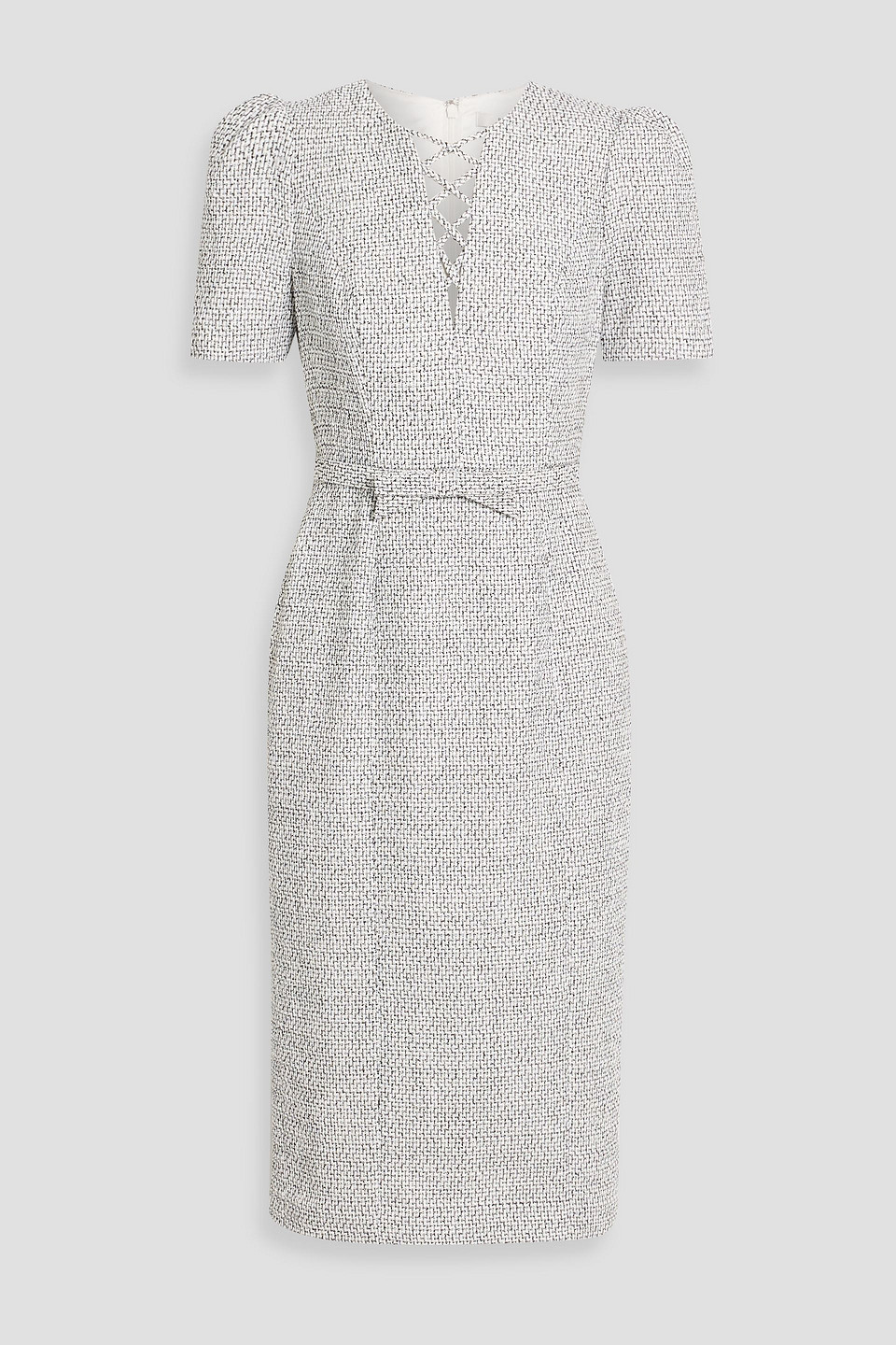 badgley mischka - belted tweed midi dress - white - us 0