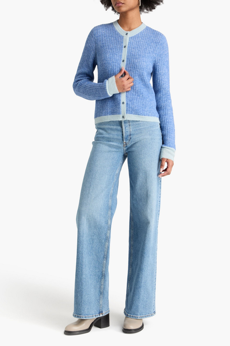  Re/done - Emmylou Two-tone Wool-blend Cardigan - Blue - Xs 