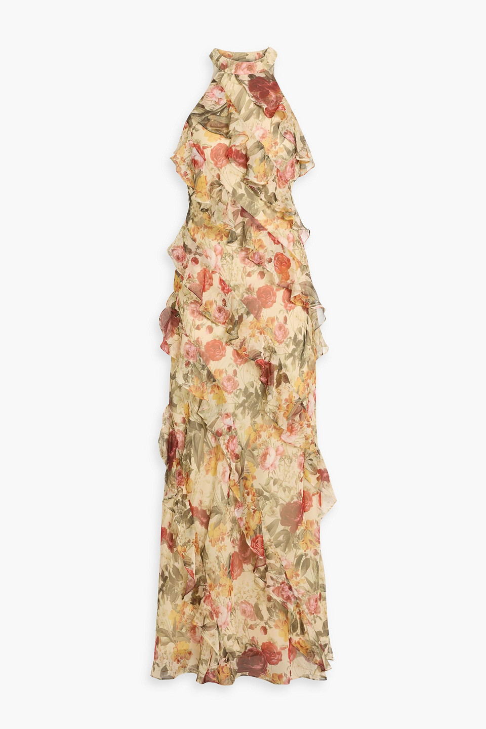 Mikael Aghal Ruffled Floral-print Chiffon Gown In Neutral