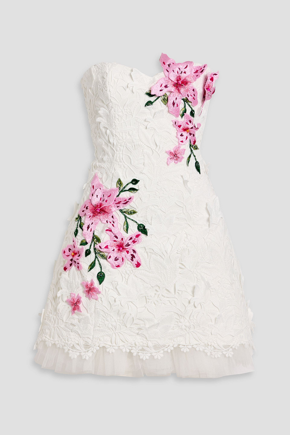 badgley mischka - strapless floral-appliquéd guipure lace mini dress - white - us 16