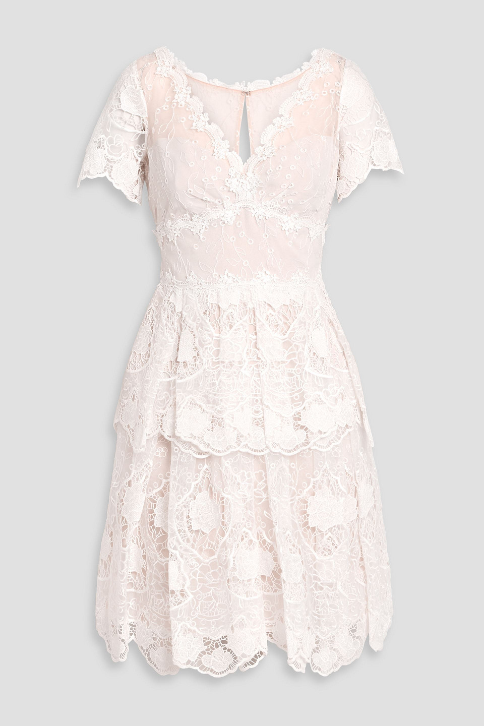 marchesa notte - tiered embroidered tulle mini dress - white - us 6