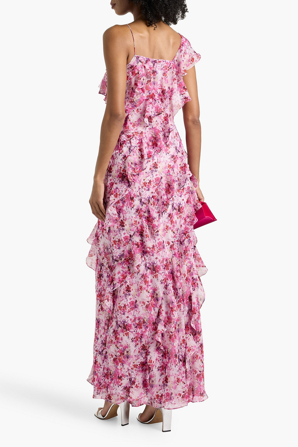  Mikael Aghal - Maxikleid Aus Georgette Mit Floralem Print, Metallic-effekt Und Rüschen - Pink - Us 6 