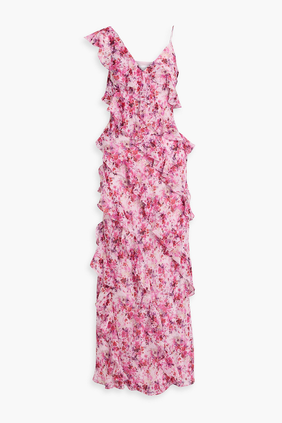 Mikael Aghal Ruffled Metallic Floral-print Georgette Gown In Pink